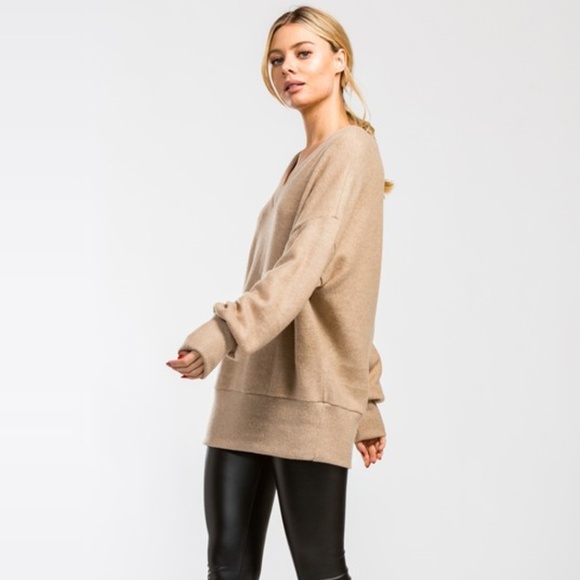 Latte Brushed Knit V-Neck Top - Picture 3 of 8